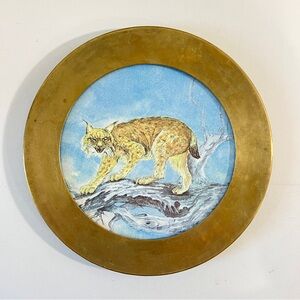 Vintage Brass Framed Rehau Keramik Lynx Cat Tile Wall Plate Signed West Germany
